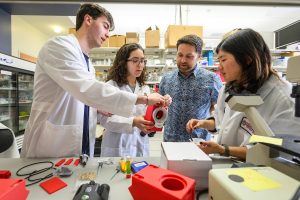 Third from left, Aaron Dingle, senior research scientist and co-director of the Microsurgery and Regenerative Medicine Laboratory in the Department of Surgery at the University of Wisconsin–Madison, works with his mentees (from left to right) Jusuf Ademi, a junior biology major getting a certificate in global health, Natalie Furtado, a second year pharmacology and toxicology major with a certificate in 3d Studio Art, Sarah Hu, a first year global health major, in the Microsurgery and Regenerative Medicine Laboratory in the Wisconsin Institutes for Medical Research on April 9, 2025. Dingle is one of 10 recipients of the Award for Mentoring Undergraduates In Research, Scholarly and Creative Activities. Undergraduates in Dingle's lab learn to perform microsurgery and also manufacture and assemble microscopes used for microsurgery that are sent around the world to locations that otherwise would not have access to such equipment. (Photo by Althea Dotzour / UW–Madison)